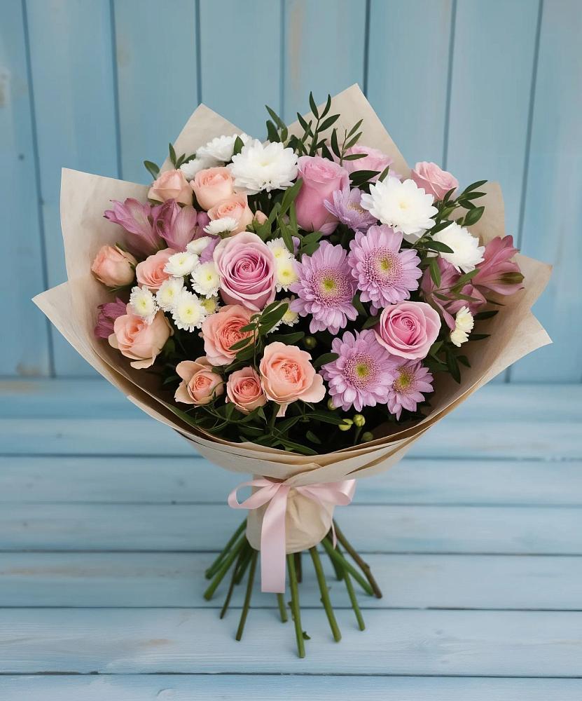 Букет цветов из: Хризантемы, Розы и Альстромерии в Бжедуховской