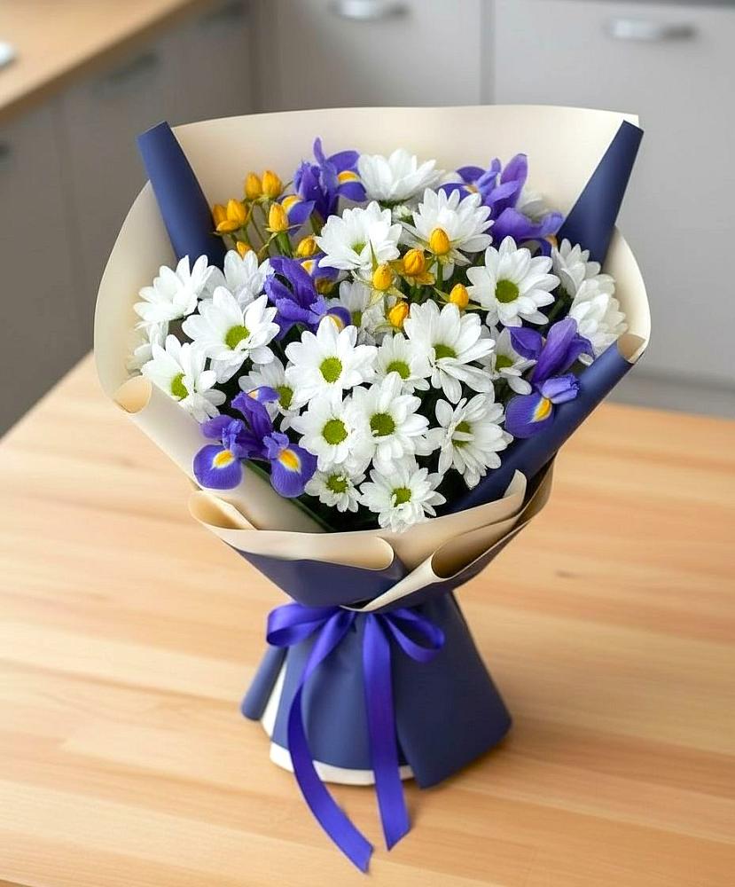 Букет цветов из: Розы, Ирисы и Хризантемы в Бжедуховской