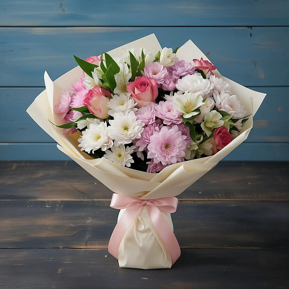 Букет цветов из: Хризантемы, Альстромерии и Розы в Бжедуховской